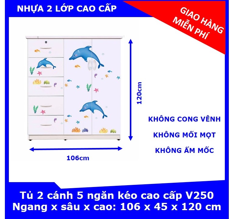 Toàn Quốc - Rẻ vô địch - Tủ đựng quần áo nhựa Ngọc Diệp ND-SE2C5N 2 cánh 5 ngăn kéo 120cm x 105cm - chất liệu nhựa lõi gỗ -  KHÔNG CONG VÊNH - KHÔNG MỐI MỌT - KHÔNG ẨM MỐC