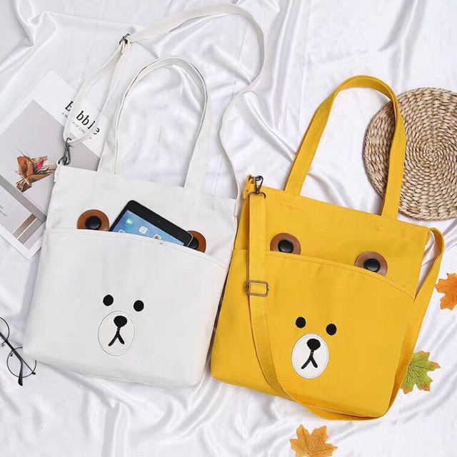 Túi đeo chéo vải bố họa tiết hình gấu ʕ •ᴥ•ʔ