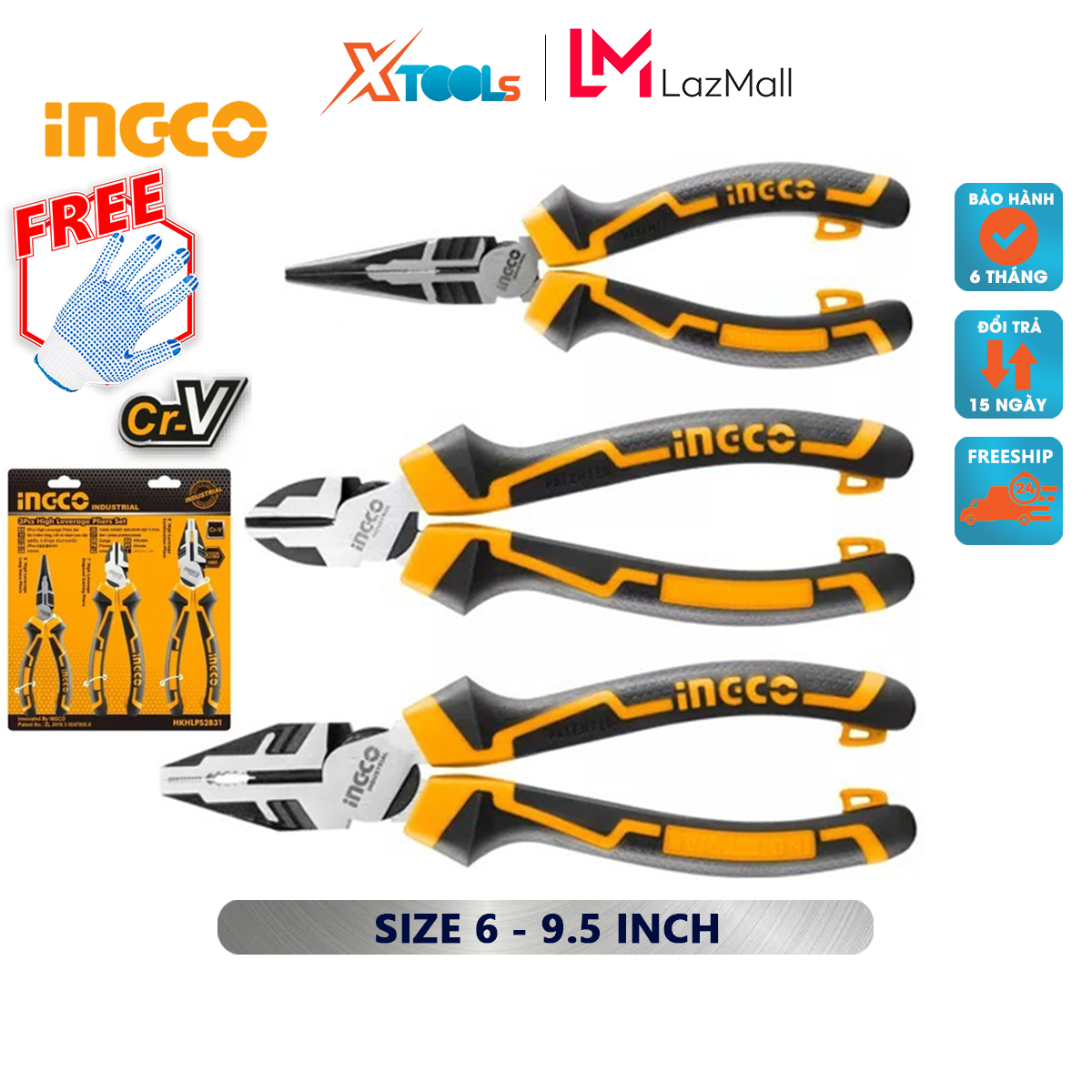 Set of 3 teeth pliers, cutting and pointed upscale ingco | set nippers multi-purpose material steel CR-V handle 2 colors-20/T Cutter, clamp, plucking the kinds of cables, wires, metal wire [genuine] [XTools]