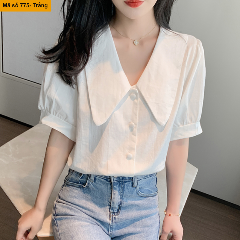 [HCM]B775- Áo sơ mi đũi phối cổ xinh
