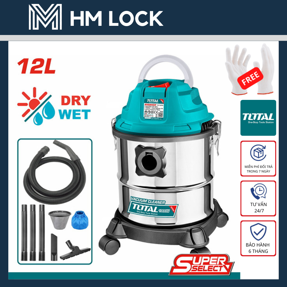 Máy hút bụi 12l-1000w total - hàng chính hãng - tvc12202