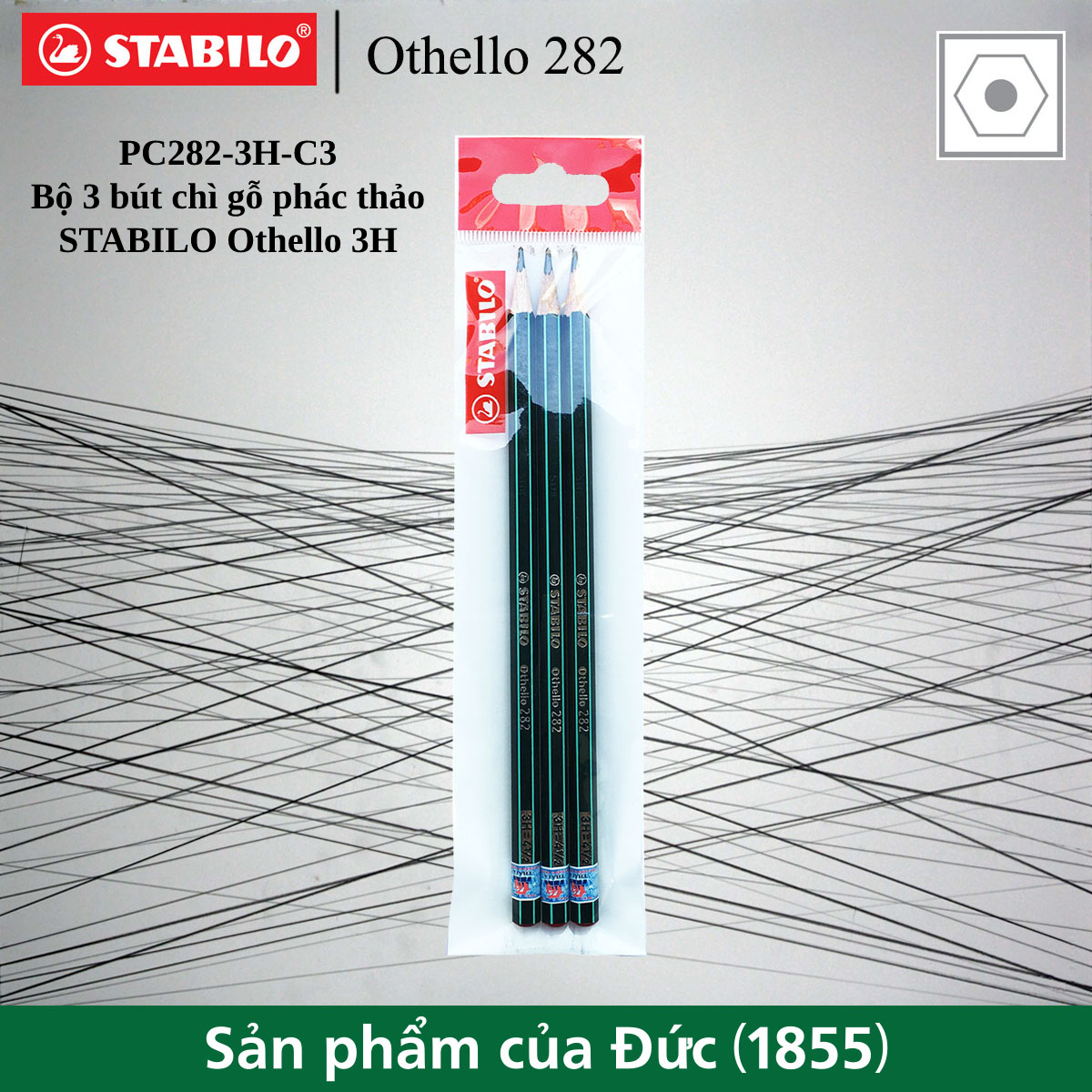 Bộ 3 bút chì gỗ phác thảo STABILO Othello PC282 (sọc xanh trắng)