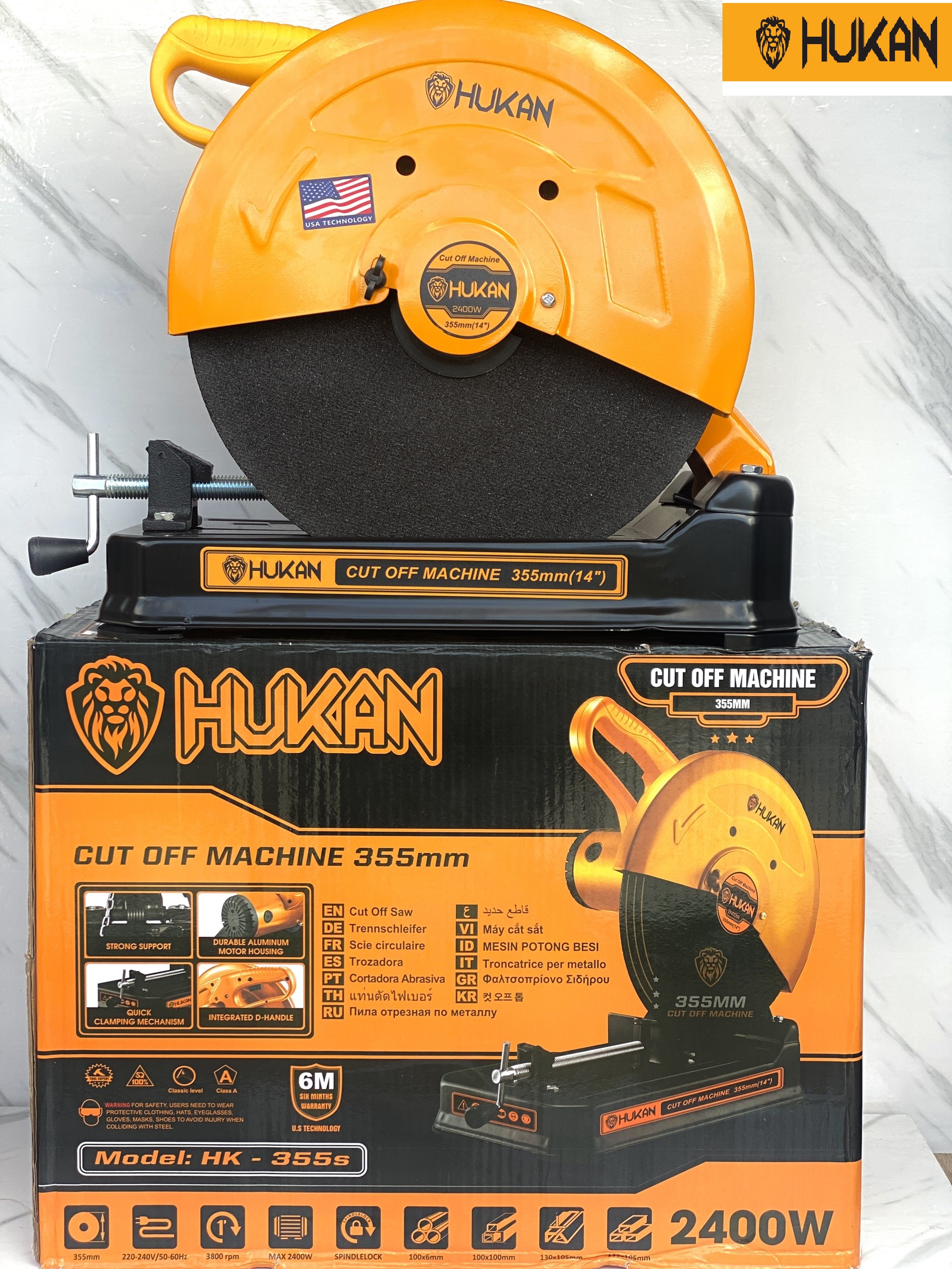 Máy cắt sắt Hukan 355s đế dày chính hãng 2400w tặng đĩa cắt 355mm