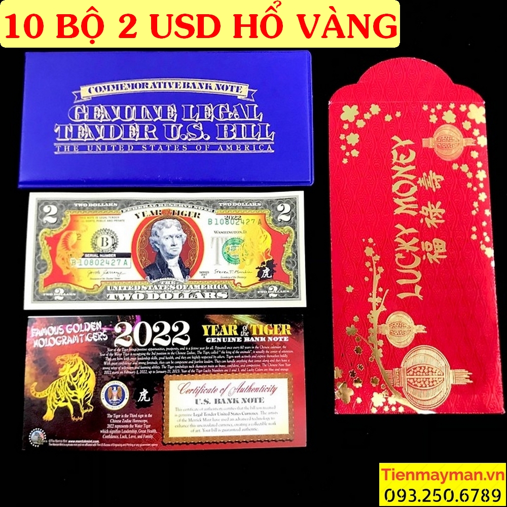 Tờ 2 dollars Mỹ mạ vàng con Cọp kèm folder
