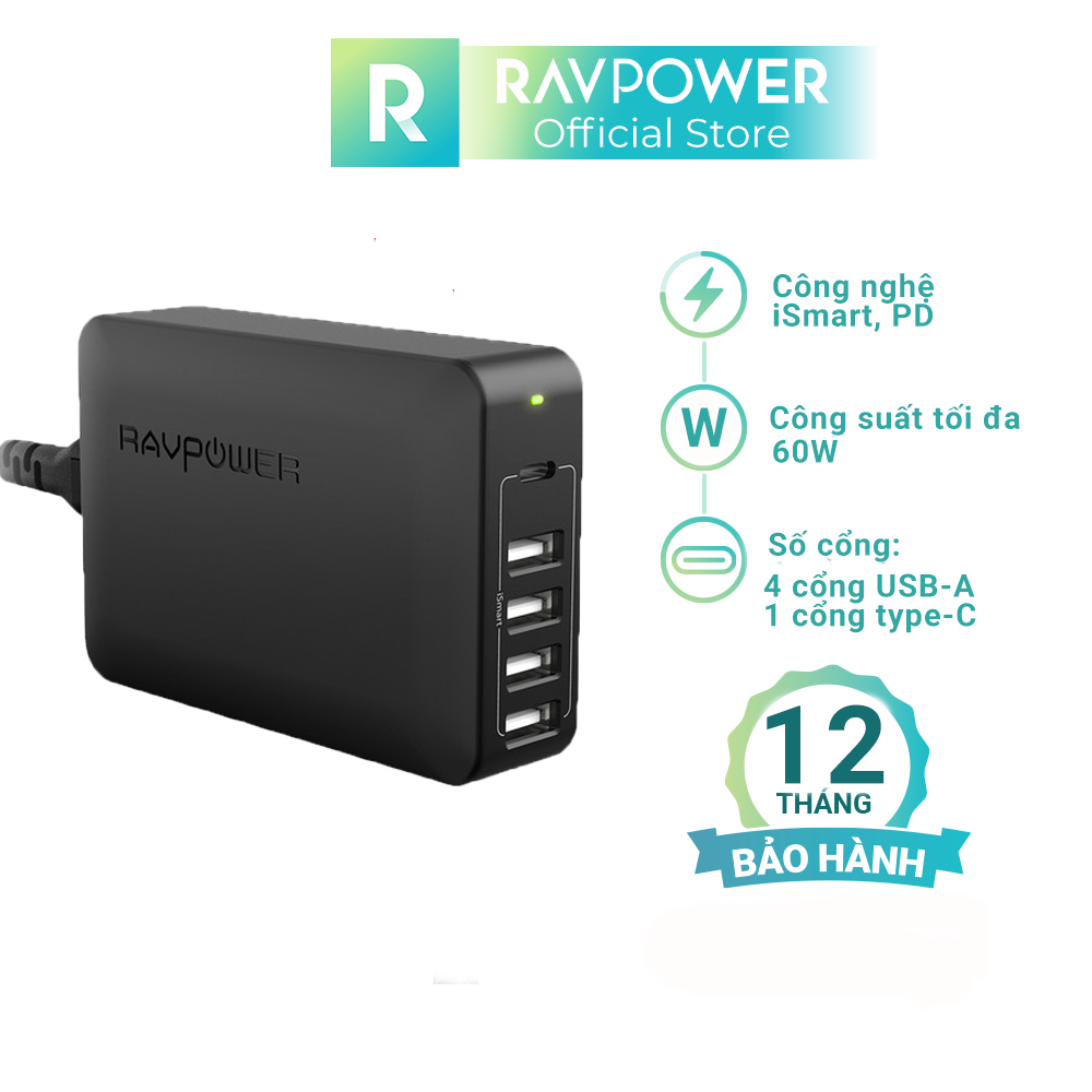Củ Sạc RAVPower RP-PC059 60W 5 Cổng - Hàng chính hãng