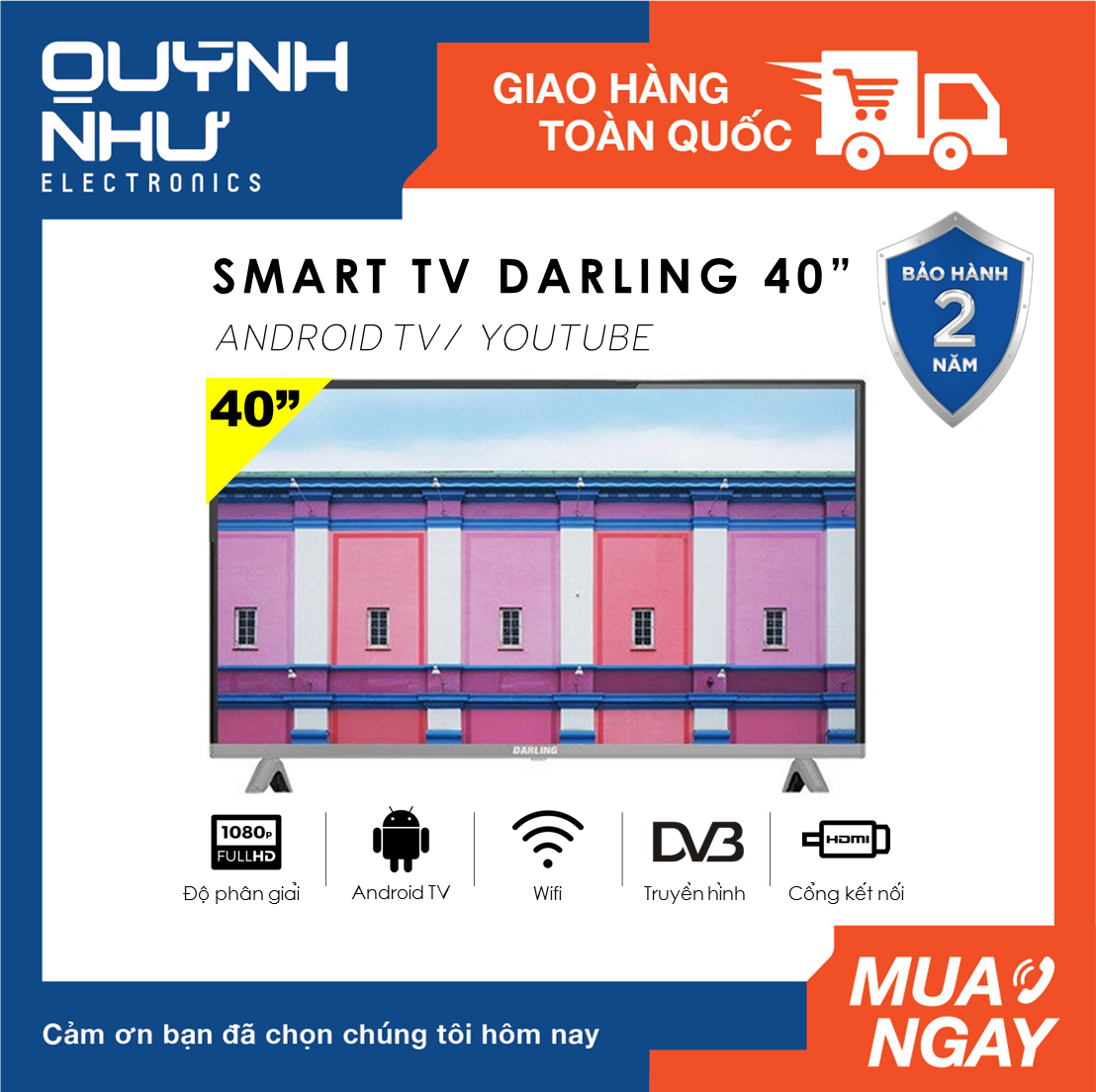 (Trả góp 0%) Smart Tivi Darling 40 inch 40FH960S/40HD959T2 (Full HD, Hệ điều hành Android TV, Kết nối internet Wifi, Youtube, Web Browser, Truyền...