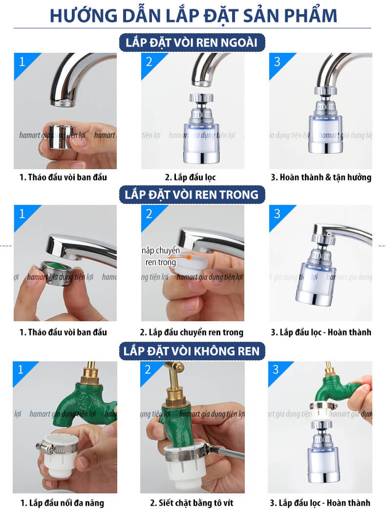 Đầu Nối Vòi Nước Tăng Áp Lọc Nước Bồn Rửa Chén Lavabo Xoay 360° Kèm Lõi Bông Lọc Sạch Nước Hiệuu Quả