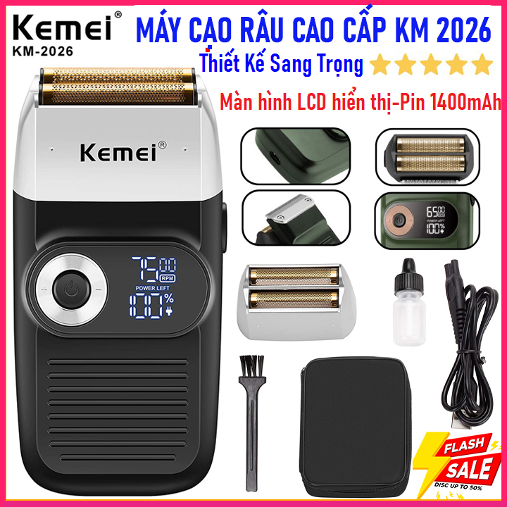[ Tặng Kèm Màng Cạo ] Máy cạo râu đa năng thông minh kemei KM 2026 sạc pin, cạo khô,loại tốt, 2 lưỡi kép chuyên nghiệp, chính hãng, Cao cấp - Bảo hành 2 năm