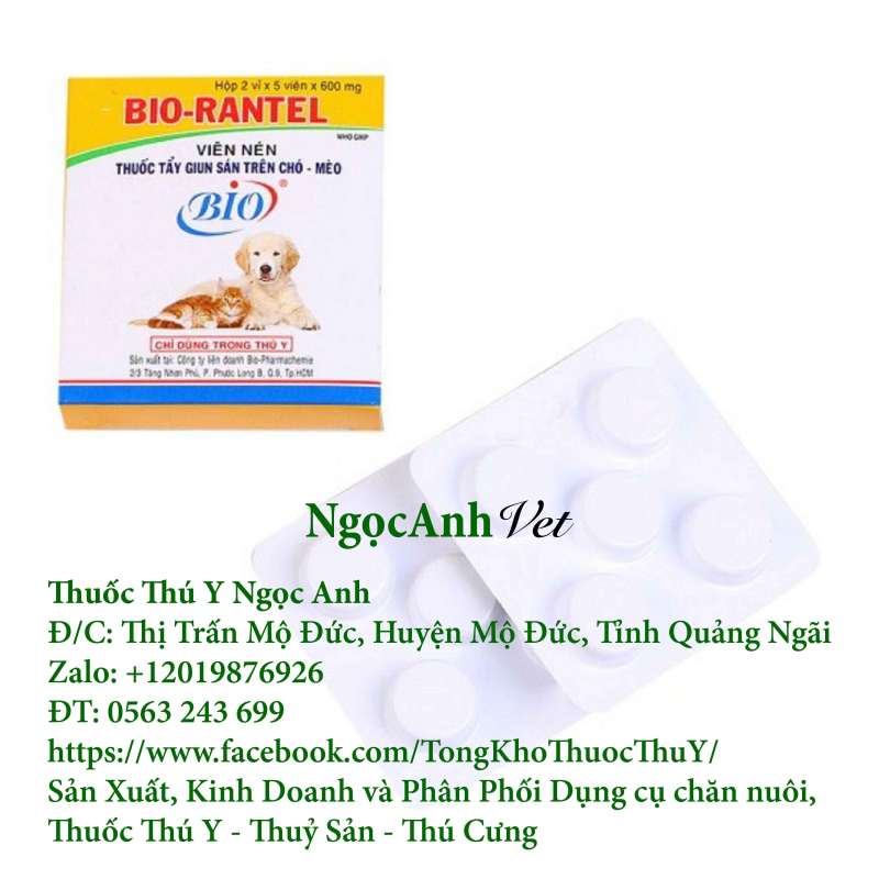 TẨY GIUN CHÓ MÈO, SỔ GIUN CHÓ MÈO - BIO RANTEL 1 HỘP 10 VIÊN