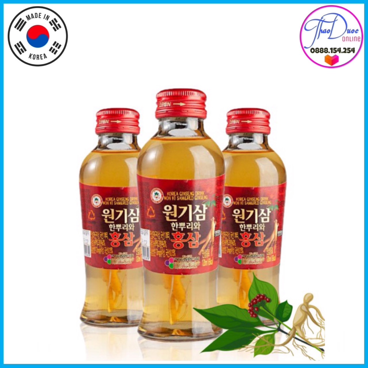 Bộ 03 chai Nước uống tăng lực nguyên củ sâm Won Ki Sam Korean Ginseng Drink