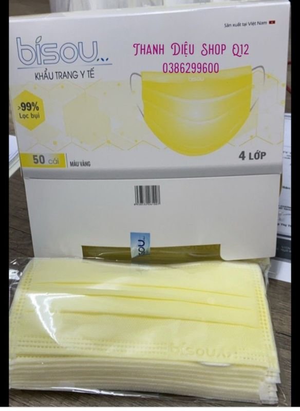 Giá bán Hộp 50c Mask 4 lớp kháng khuẩn Bisou, màu xanh, hồng, vàng, xám, đen
