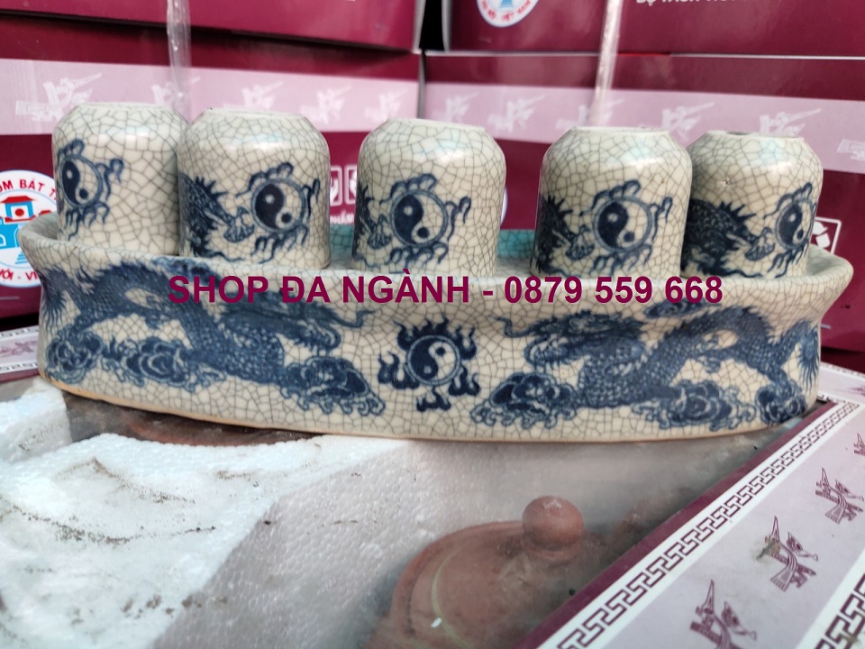 Bộ kỷ 5 chén nước thờ cúng, men rạn