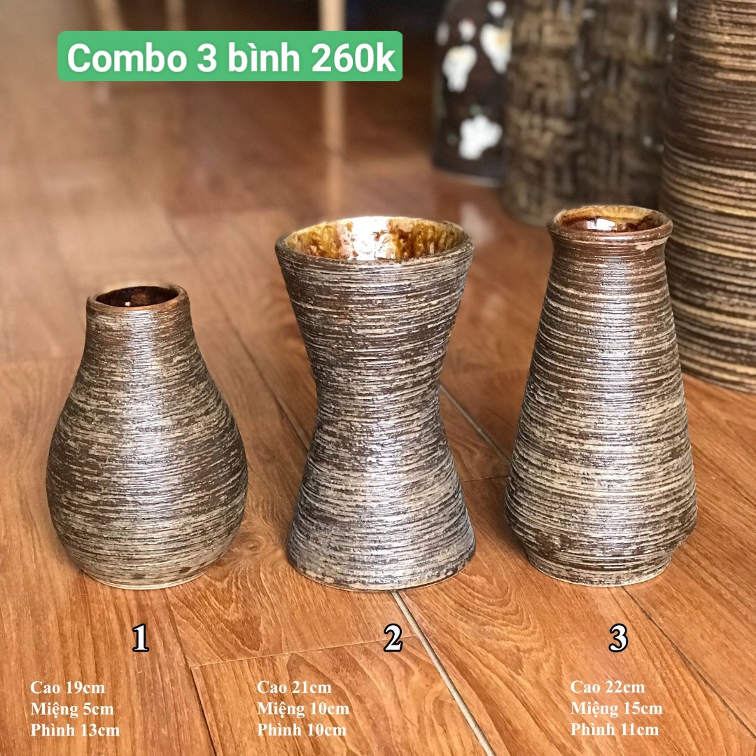 Set 3 bình hoa bát tràng nhiều dáng cao dưới 23cm, set bình gốm lọ gốm men mộc gth100