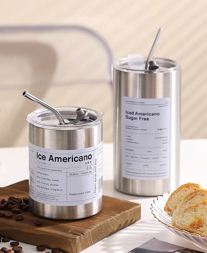Ly giữ nhiệt inox 304 Iced Americano không gỉ cao cấp, Cốc giữ nhiệt kèm ống hút 300/600ml