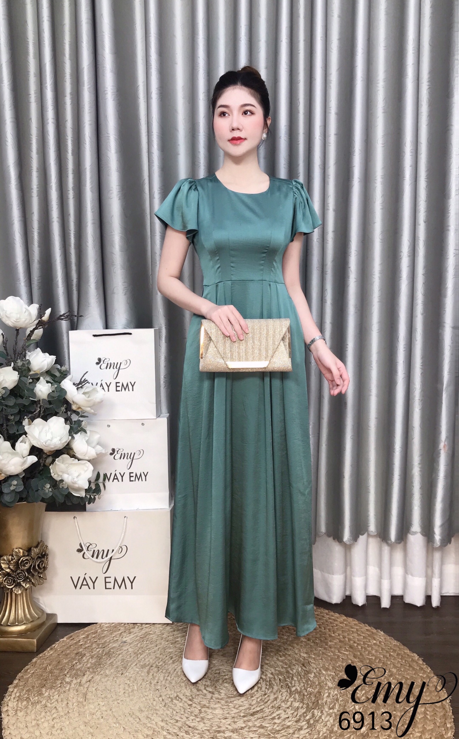 Đầm EMY EM6913 Dạ Hội Xanh Lụa 2 Da