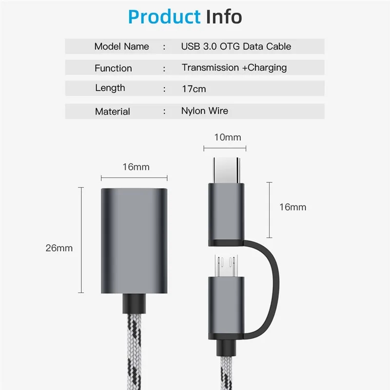 USB 3.0 OTG adapter cable, Type-C Micro USB to USB 3.0 interface, phone charging cable, phone converter, 2-in-1