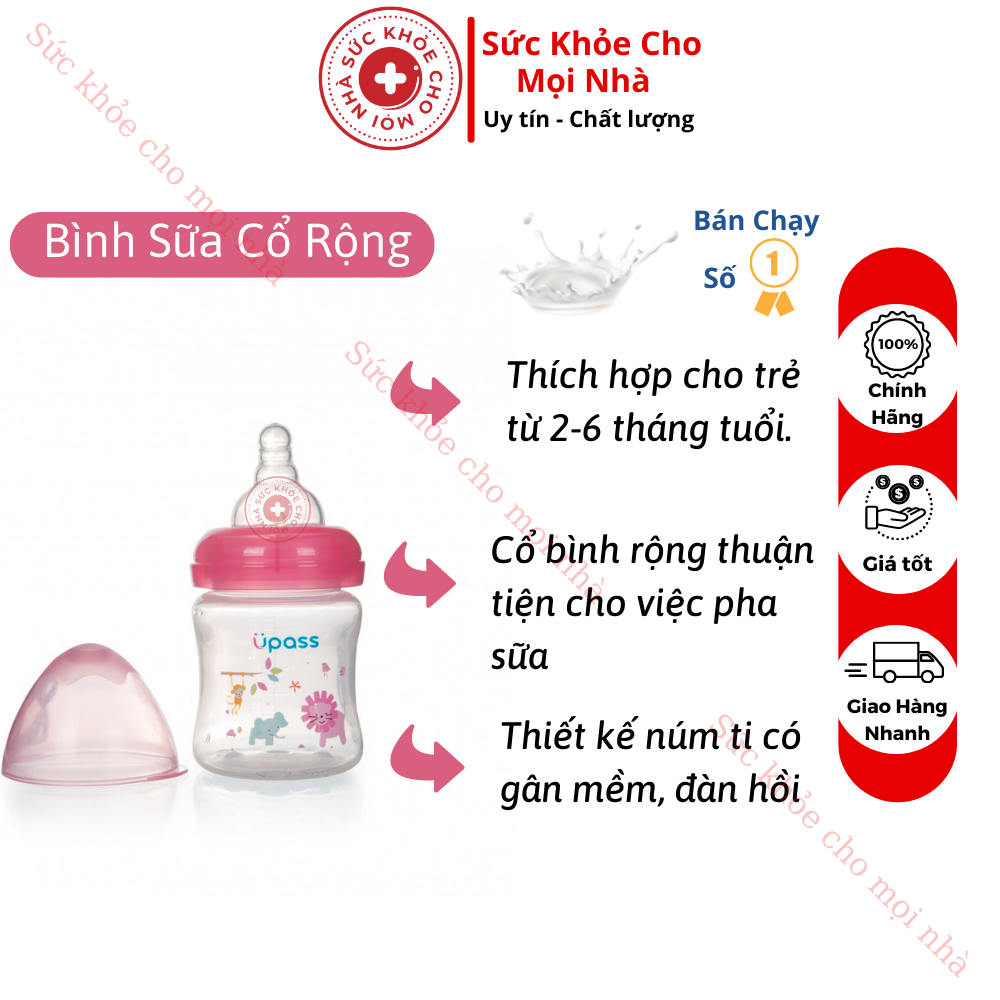 Bình sữa cổ rộng ty silicon cho bé 160ml upass up0205x
