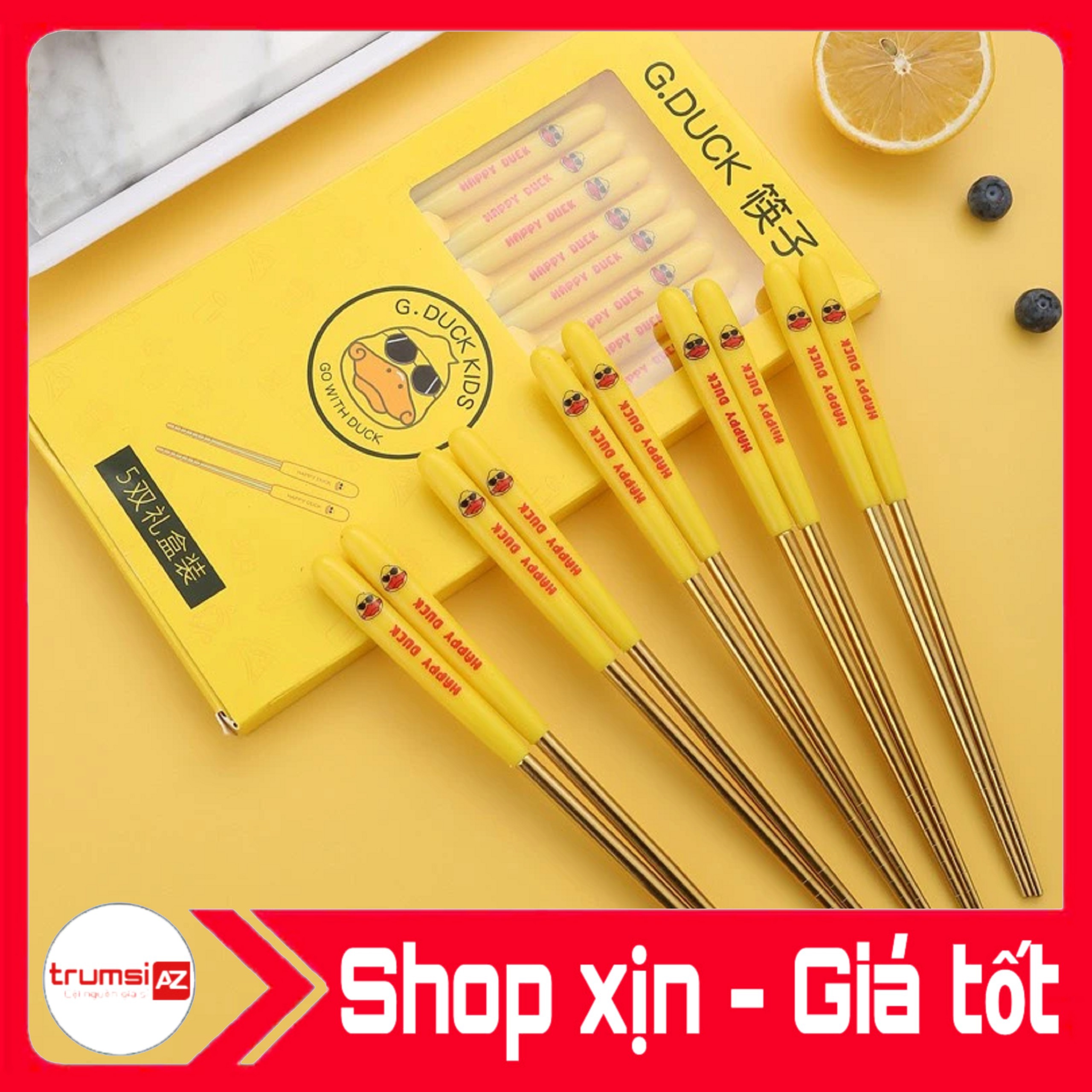 Set 5 đôi đũa inox chú vịt vàng