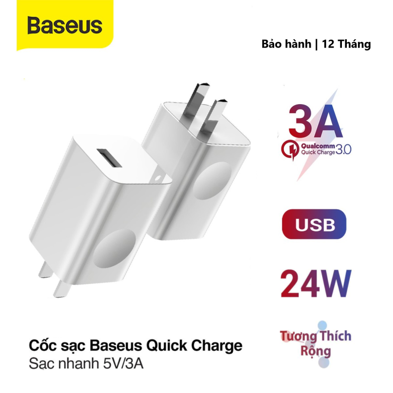 Cốc sạc nhanh Baseus 24W Single USB Port, hỗ trợ sạc nhanh 3A, chất liệu ABS,PC siêu bền, chống cháy nổ, độ bền cao