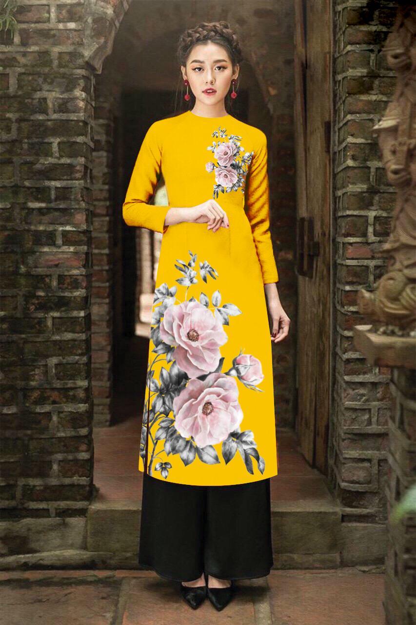 [HCM]Áo dài cách tân in nụ tầm xuân cao cấp - KHÔNG KÈM QUẦN