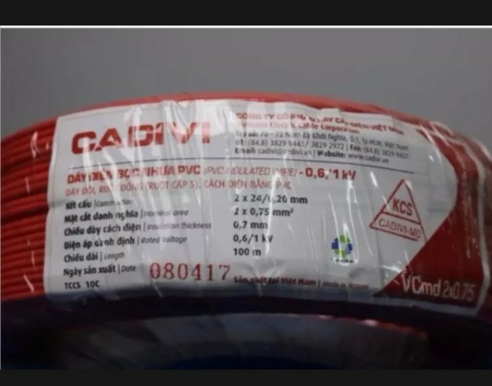 DÂY ĐIỆN ĐÔI 2X0.75 (  ĐÔI 24 ) CADIVI CUỘN 100 MÉT