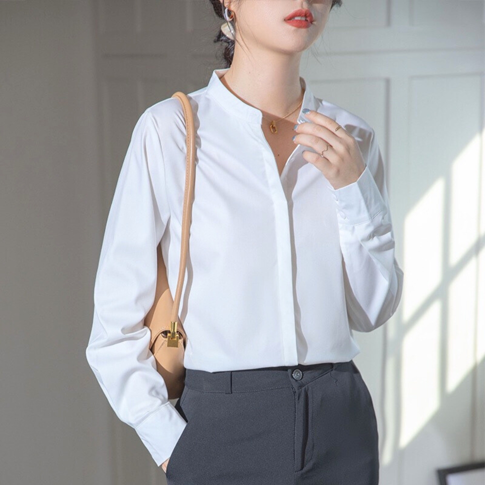 Áo sơ mi nữ dài tay cổ trụ màu trắng trơn basic thời trang Hàn Quốc nữ PONIVALAZA cao cấp