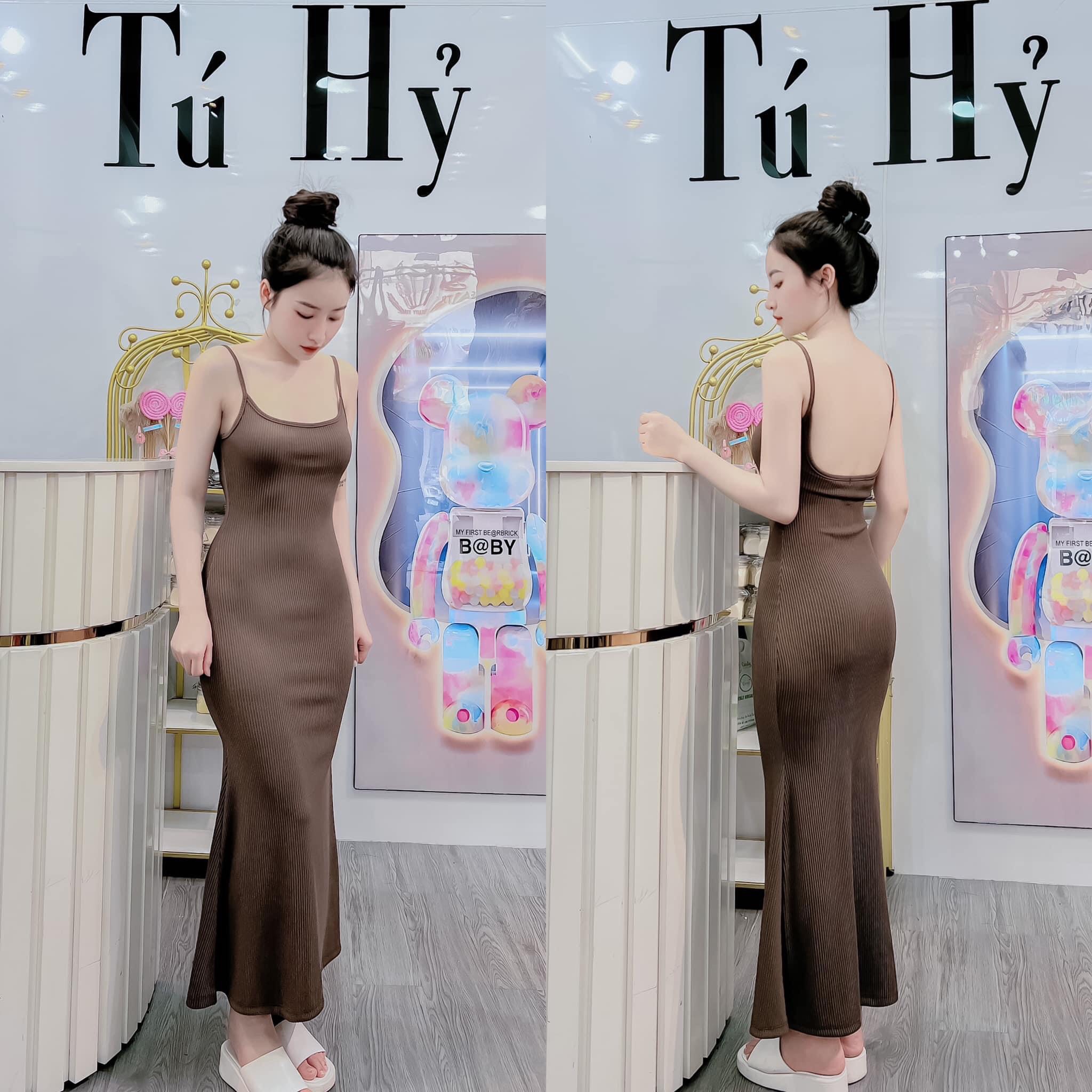 Đầm thun gân hai dây ôm body hở lưng quyến rũ, đầm ôm maxi xòe đuôi cá siêu tôn dáng, váy body quyến rũ vải thun dày dặn