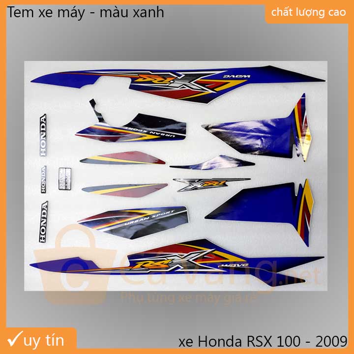 Tem xe Wave RSX 2009 LOẠI 3 lớp, TEM tốt dán dàn áo xe màu XANH, TRĂNG, ĐEN, ĐỎ