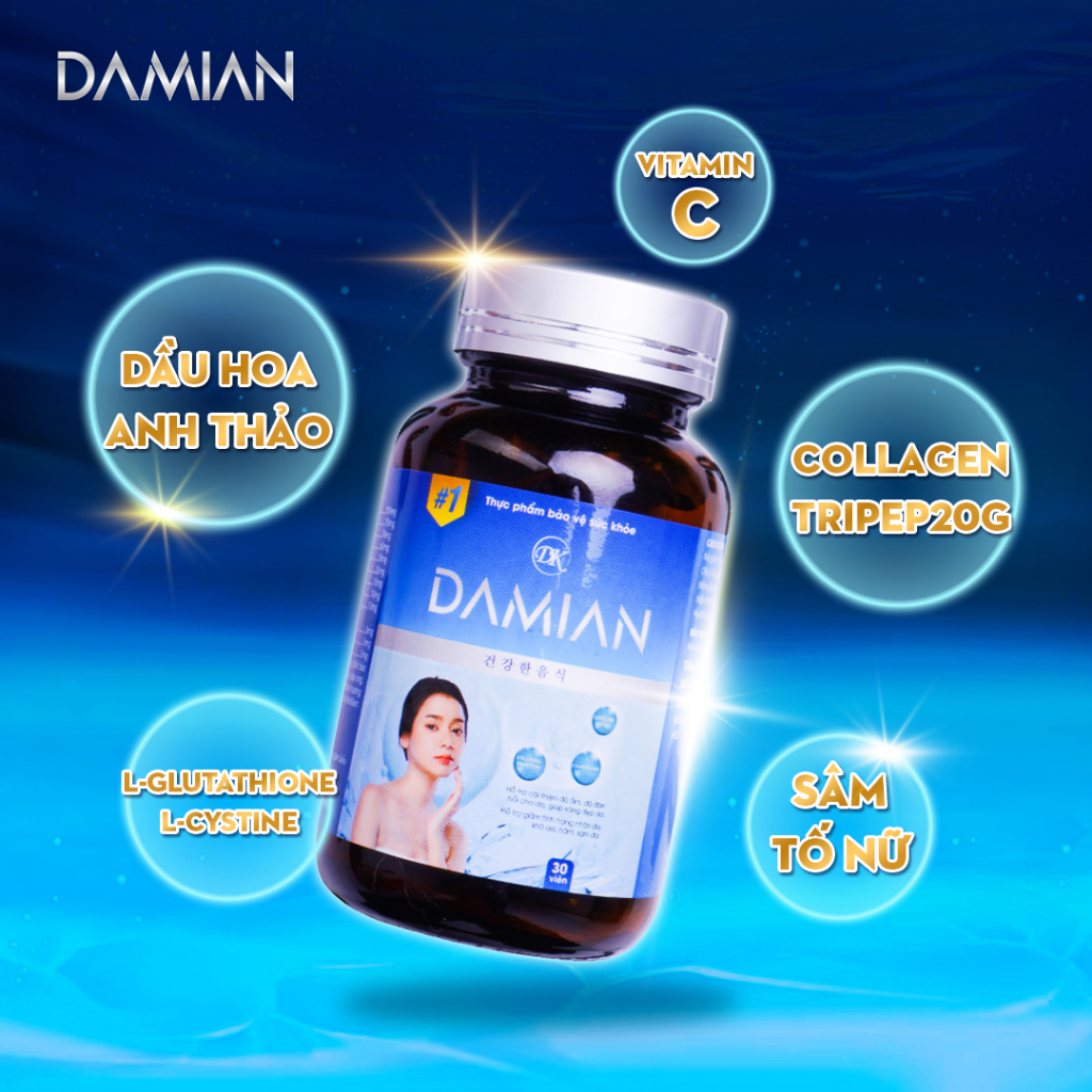Viên uống trắng da Damian, làm mờ thâm nám, tàn nhang, dưỡng trắng da hộp 30 viên