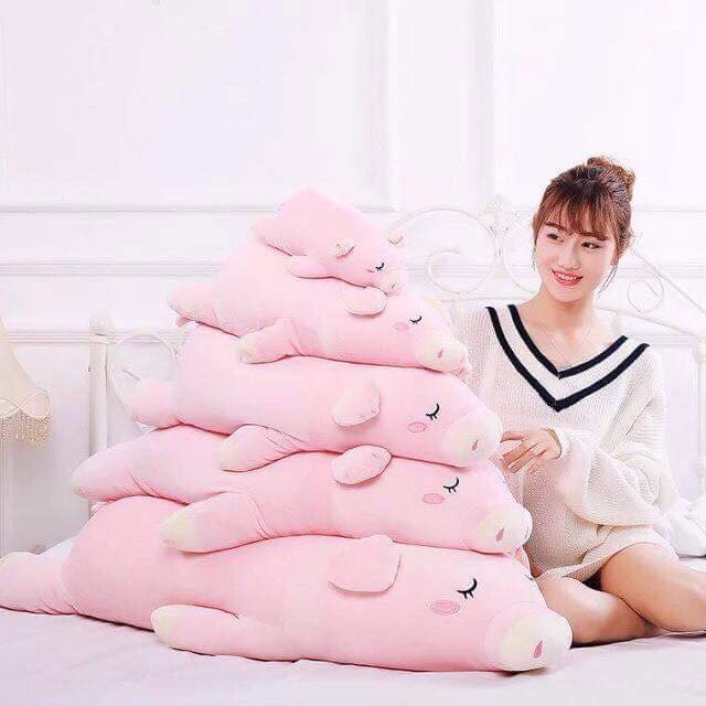 Gấu bông heo lười hồng thêu tim 40cm gối ôm hình heo cho bé dưới 1 tuổi