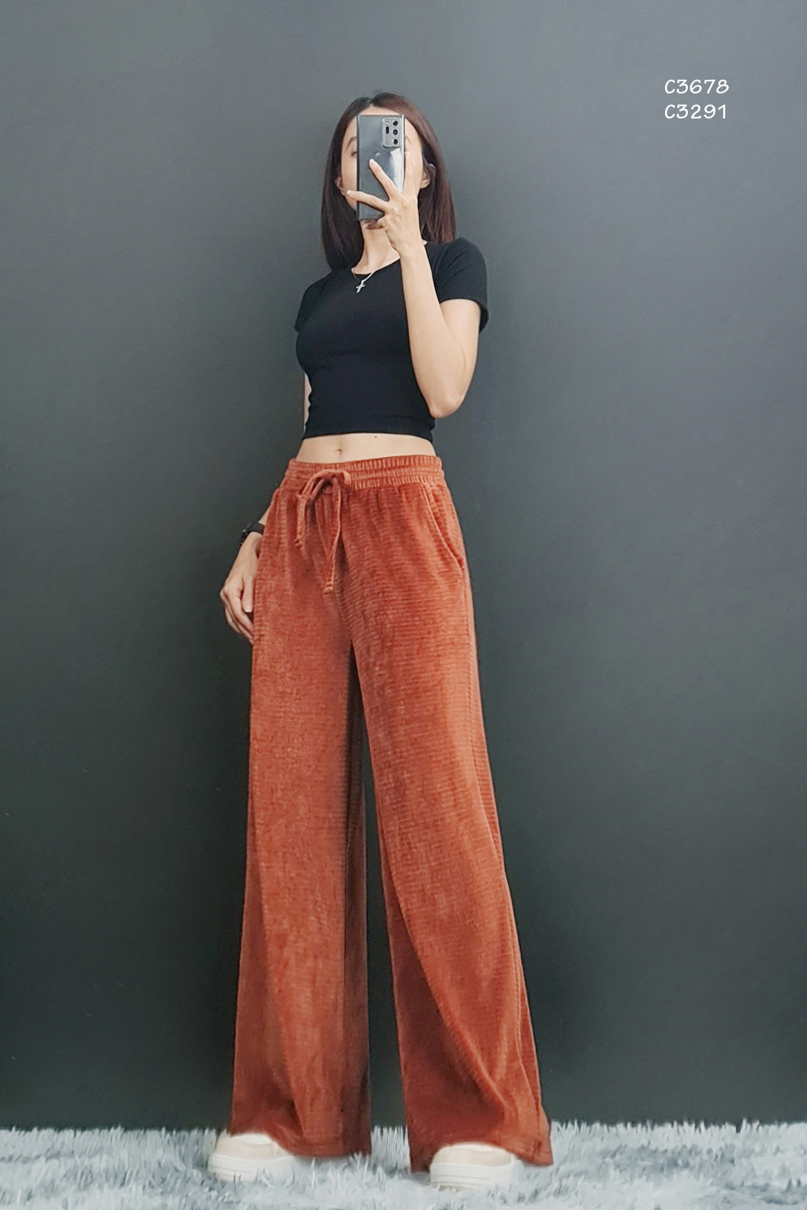 C3678 - 	Quần nhung ống rộng lưng thun cột nơ