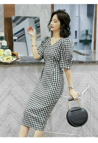[HCM]ĐẦM CARO EO THẮT NƠ CỔ V TAY PHỒNG