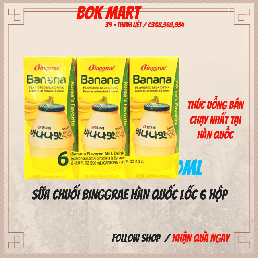 SỮA CHUỐI BINGGRAE HÀN QUỐC LỐC 6 HỘP 200ML