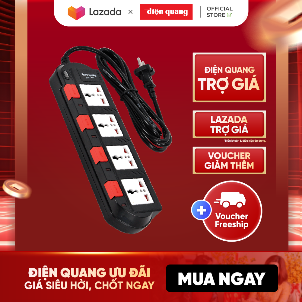 Ổ cắm Điện Quang ĐQ ESK 5B. SM740SL (4 lỗ 3 chấu dây 5 mét màu Đen Trắng Đỏ)
