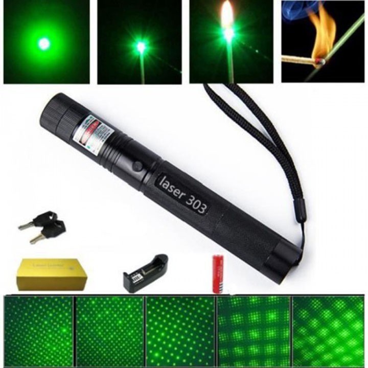 Đèn pin Laze 303 chiếu xa nhiều hình cực đẹp - Trọn bộ gồm đèn laser, bộ sạc, pin Li-ion, chìa khóa an toàn, sách hướng dẫn, hộp đựng sản phẩm