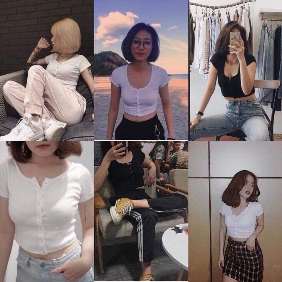 Áo Thun Gân Form Croptop Phối Cúc Cực Cá Tính TTS0382