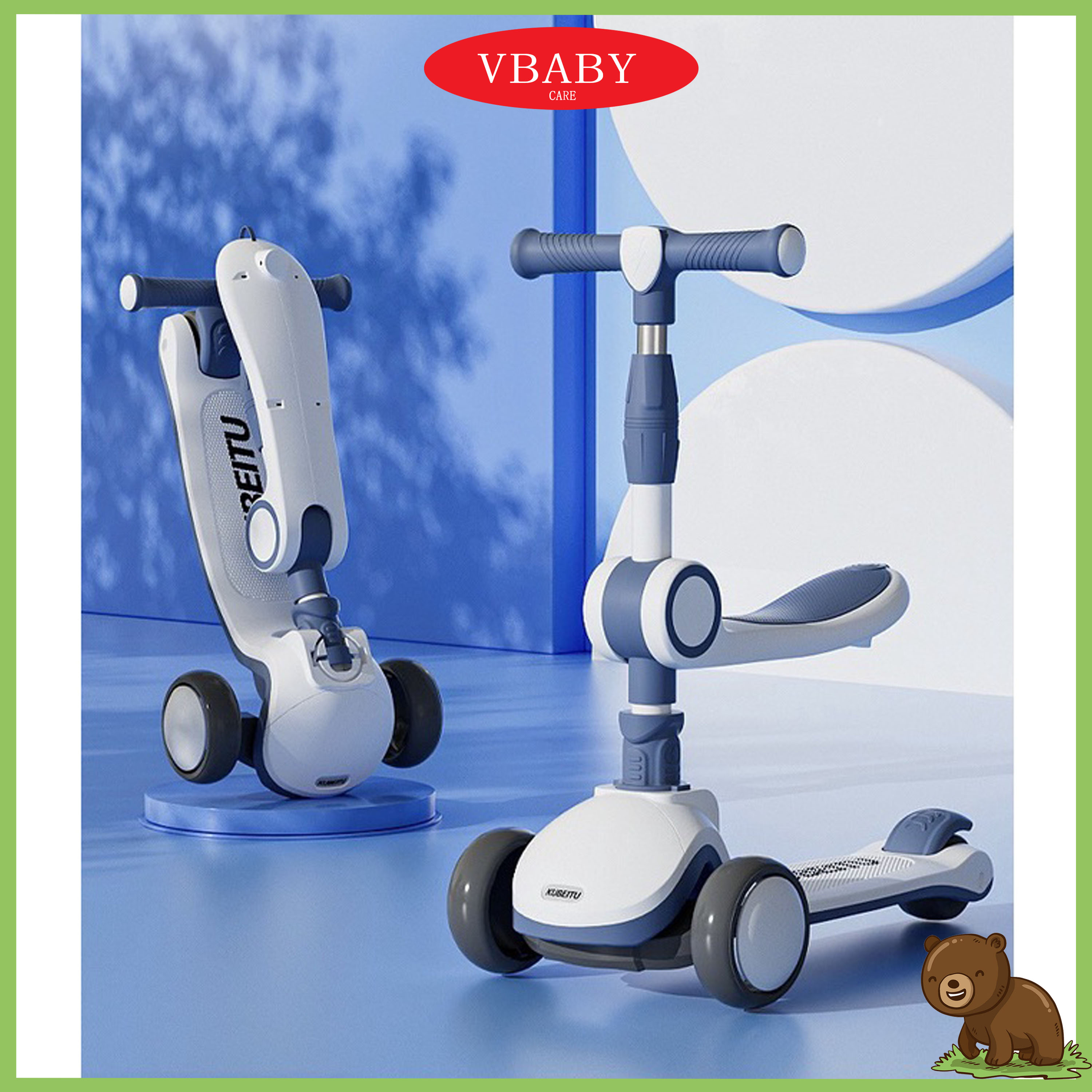 Xe trượt scooter cho bé có ghế ngồi, có nhạc VBABY ST6 sử dụng từ 12 tháng đến 8 tuổi - thiết kế bánh xe phát sáng & V-Baby ST7 có tay đẩy
