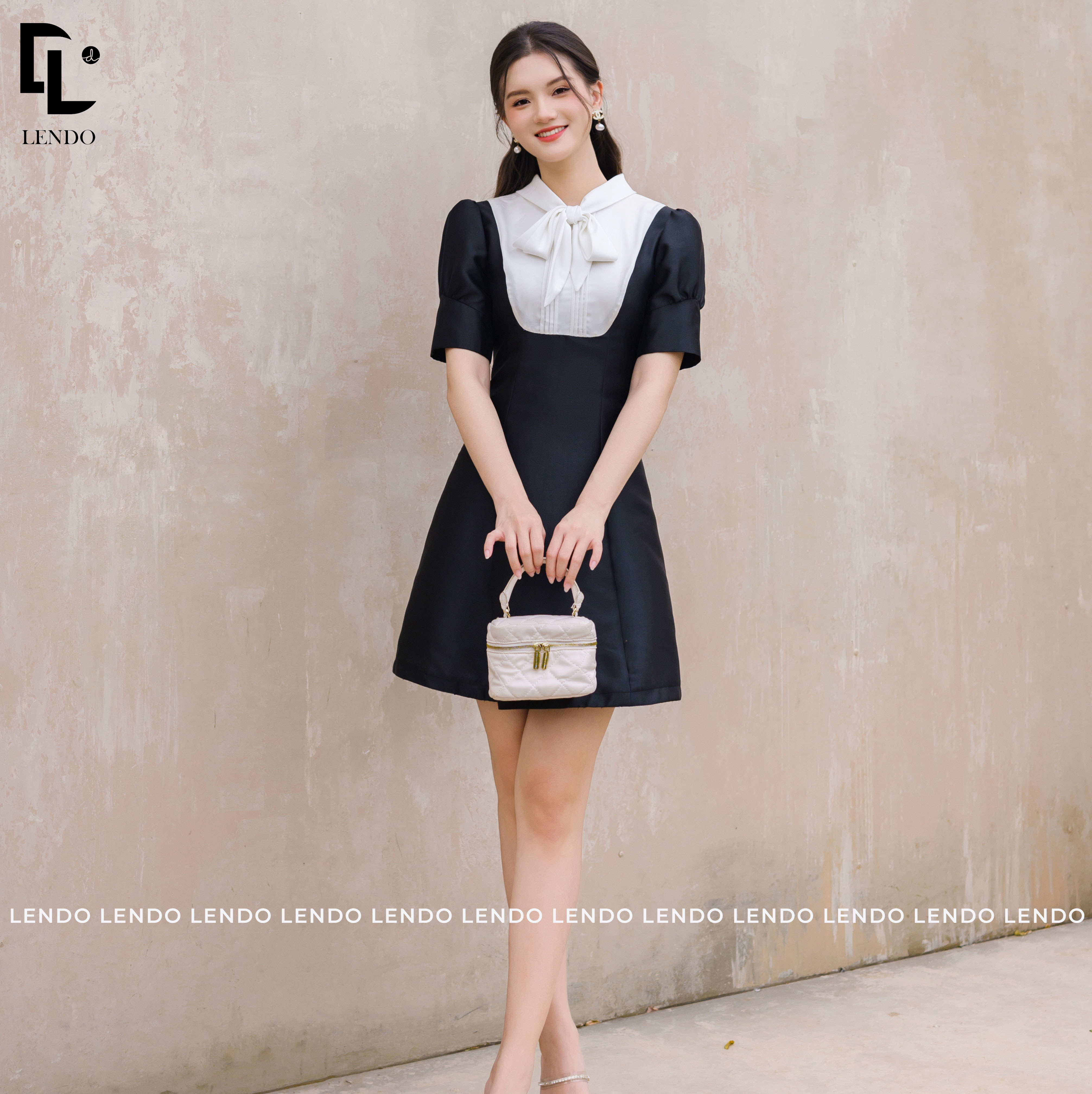 Đầm đen tafta cổ trắng LENDO V230207
