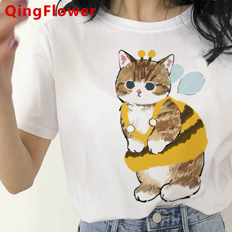 卡哇伊猫搞笑卡通图案T恤女原宿可爱动漫T恤风格时尚T恤上衣T恤女