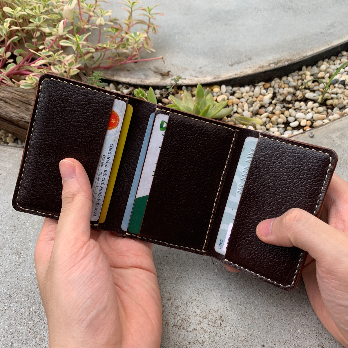 Ví da mini dáng gập 3 màu Đen - Da thật nhập khẩu - Ví da thật handmade