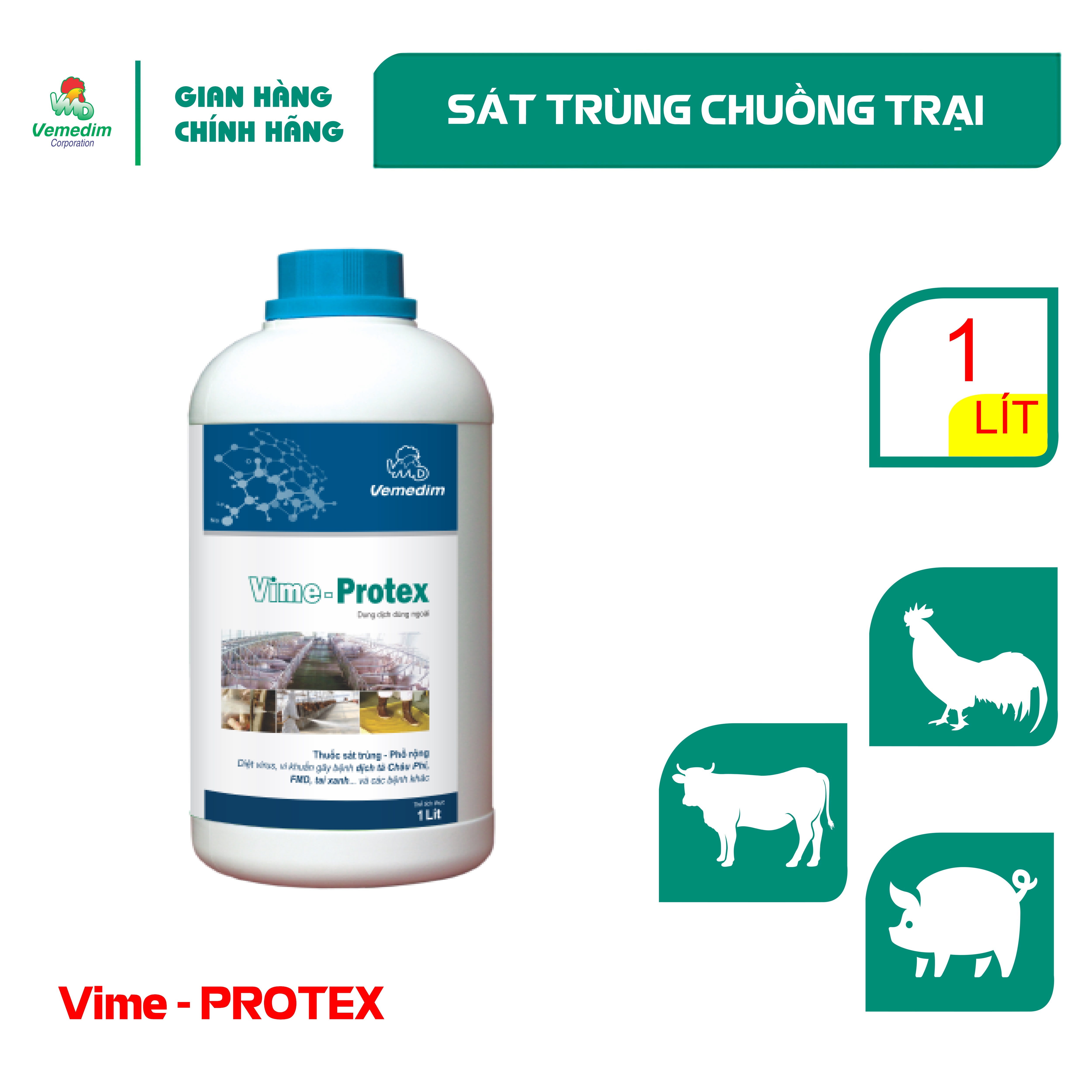 "Hoàn tiền đến 10%" Vemedim Vime-Protex Sát trùng chuồng trại, khống chế dịch tả heo Châu Phi, lở mồm long móng, heo tai xanh, chai 1lit