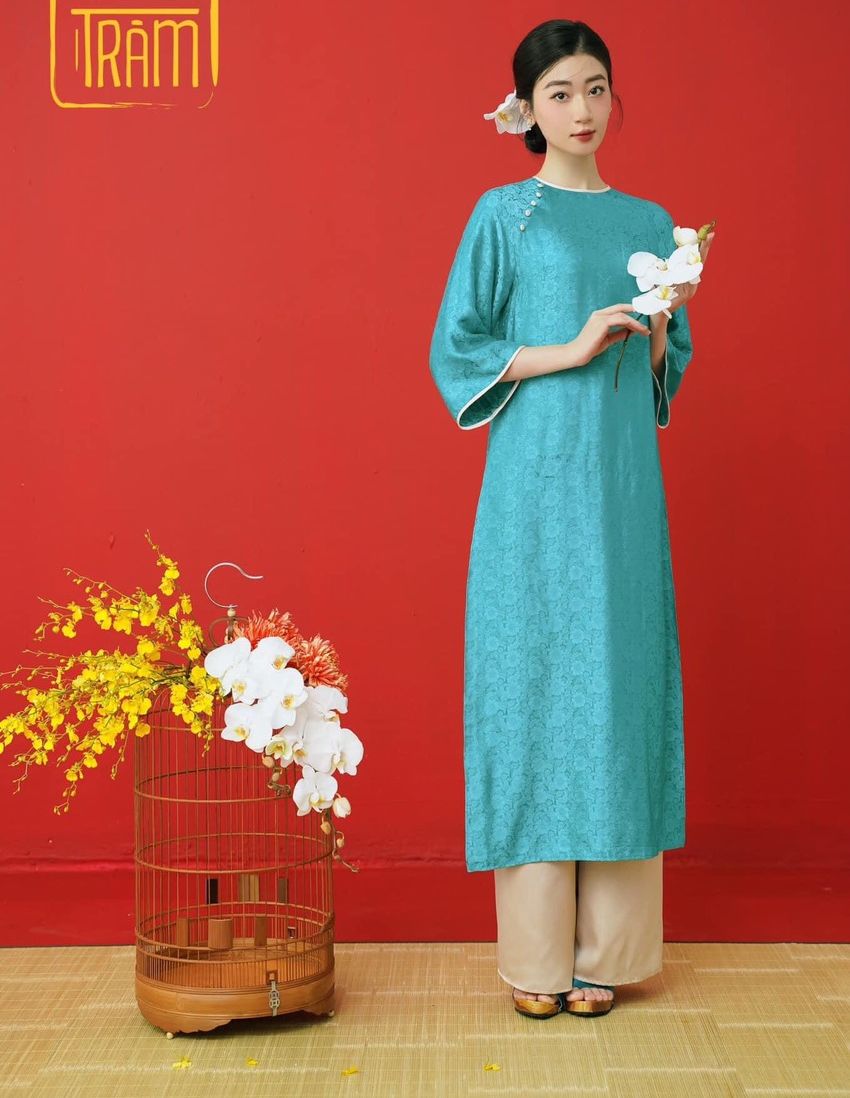 Modernized Ao Dai 💥 Give a Jade Bracelet 💥 Willow Brocade Fabric Is Soft, Smooth and Stretchy.