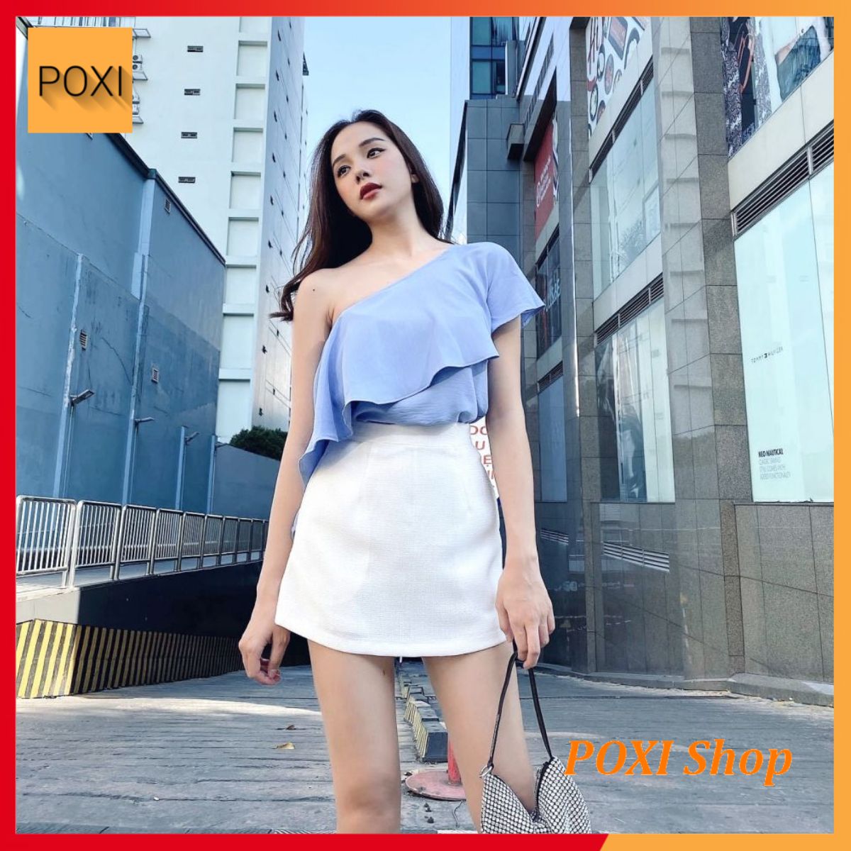 [HCM]Áo Lệch Vai Bèo Xéo Chất Liệu Đũi (XANH)