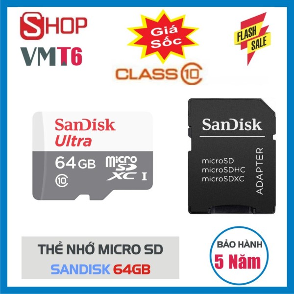 Thẻ Nhớ 64GB MicroSDHC SanDisk Ultra - Dung lượng lớn - bảo hành 5 năm!