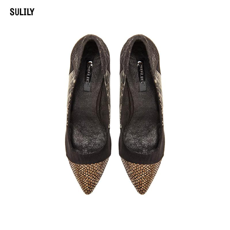 Giày Cao Gót Bít Mũi Phối Họa Tiết Da Rắn Sulily