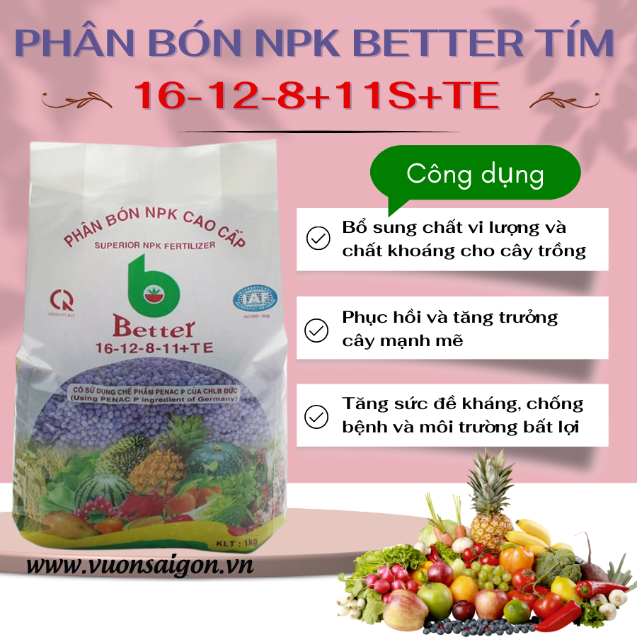 Phân bón npk better tím 16-12-8+11s+te dùng cho mọi loại cây trồng