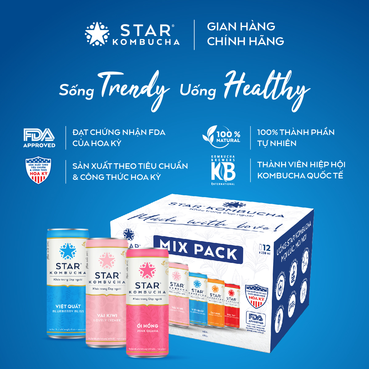 Thùng 12 lon trà lên men STAR KOMBUCHA mix 6 vị (250ml/lon)