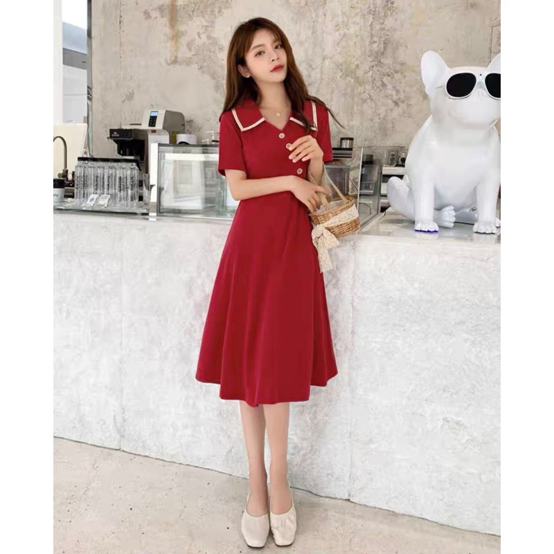 ĐẦM TAY NGẮN, CỔ VIỀN TRẮNG, NÚT XÉO  ( có ảnh thật) MS139