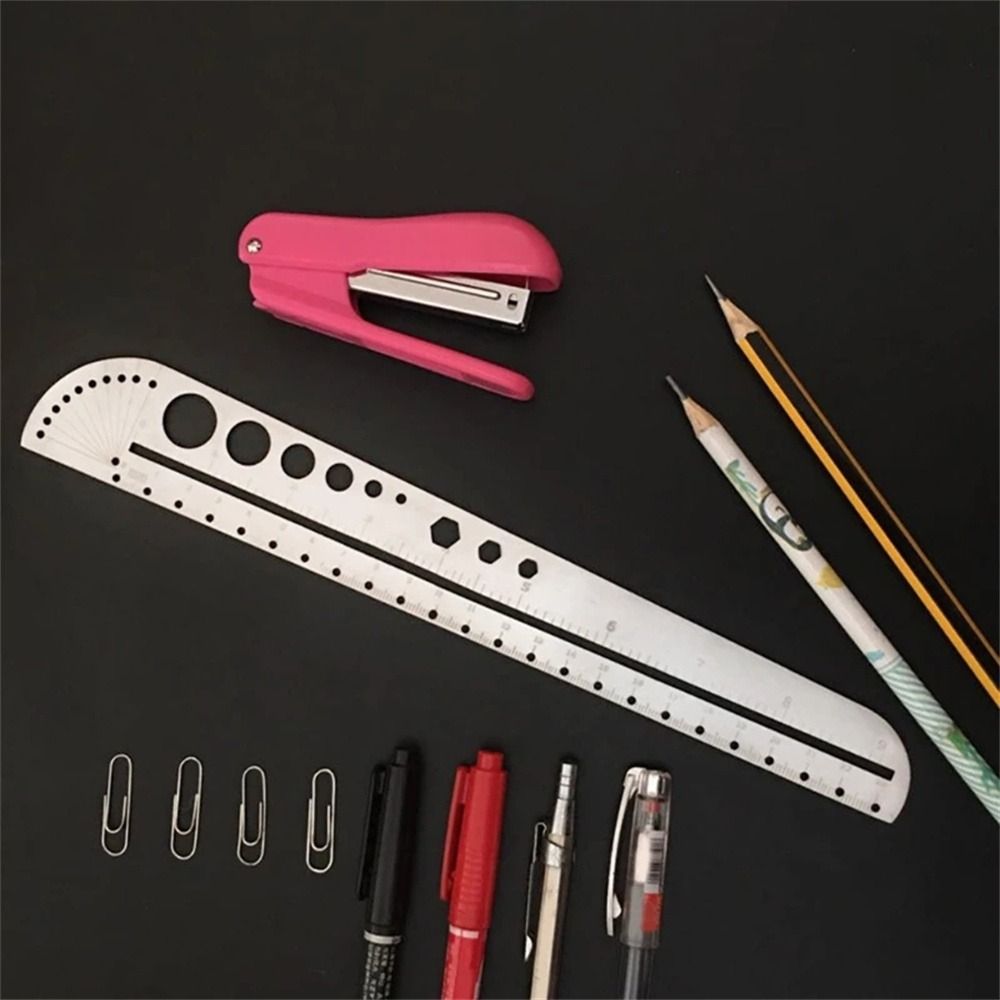 MMLUCK Drafting Tools Leather Craft Round Silver Template Geometry Angle Protractor Protractor Ruler Straight Ruler Measuring Ruler