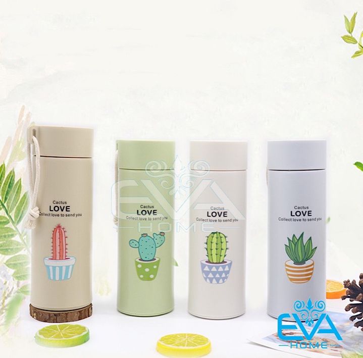 [HCM]Bình Đựng Nước Lõi Thuỷ Tinh Bọc Nhựa Lúa Mạch Cách Nhiệt Xương Rồng Succulents 450 Ml BGN08